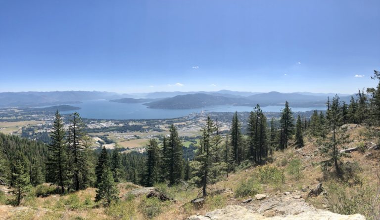Mickinnick hiking scenic view with trees overlooking Lake Pend Oreille Sandpoint ranger district